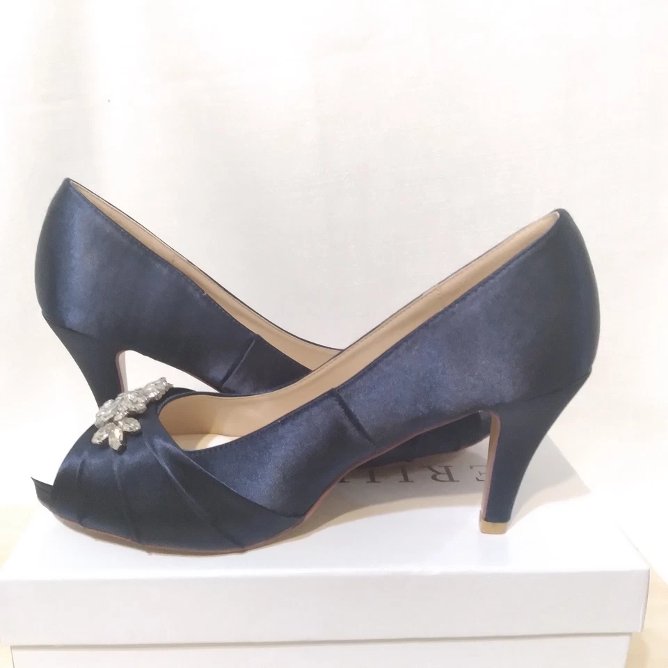 Erijunor Peep Toe Heels Womens Size 10.5 Navy Satin Rinestone Wedding Prom Nwt - Image 3 of 4