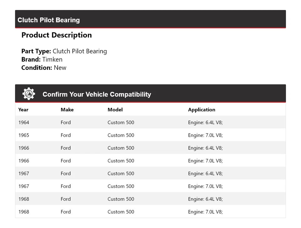 Cojinete piloto embrague Ford Custom 500 1964-1968 Timken 1965 1966 1967 Foto 2 de 4