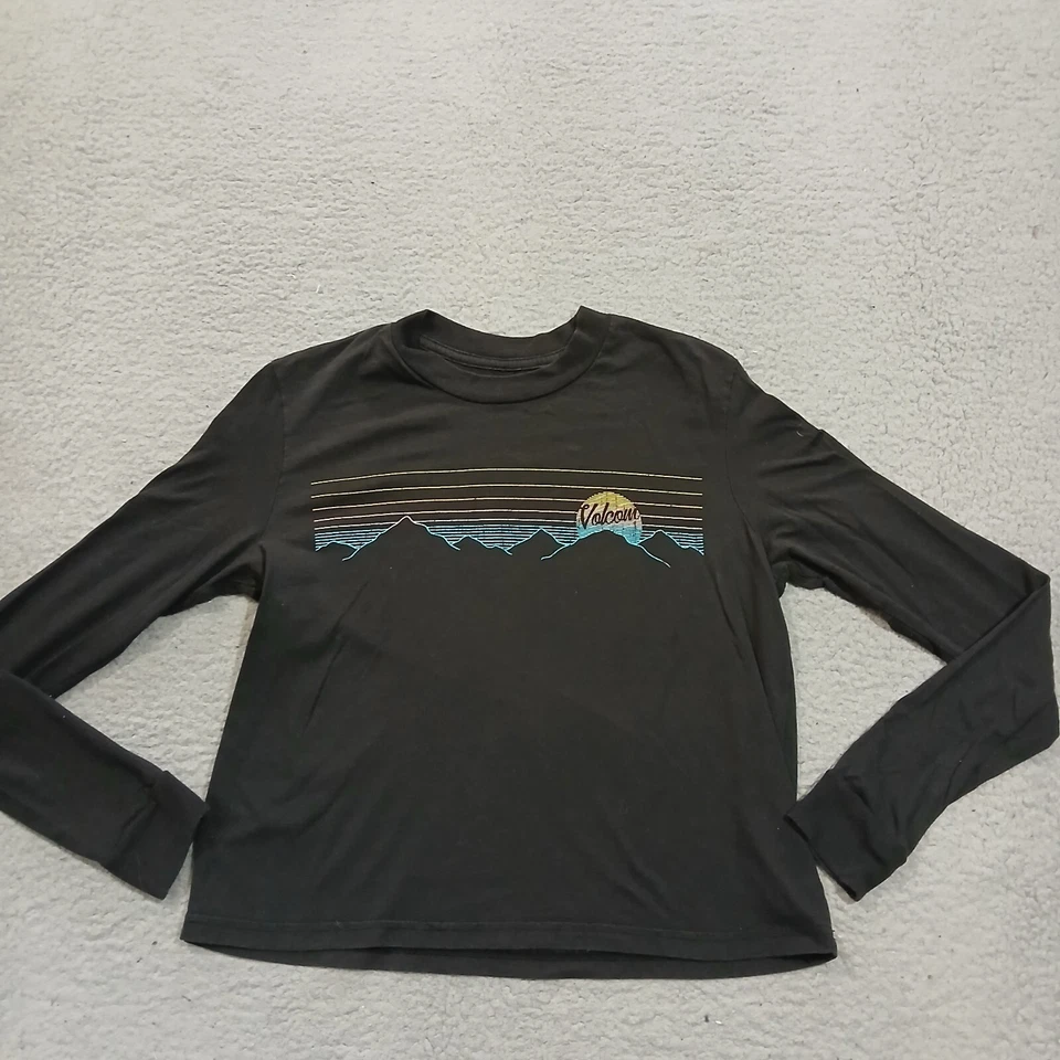 Volcom Top Womens Small Black Blue Mountains Skateboarding Long Sleeve Crew Neck - Image 2 of 4