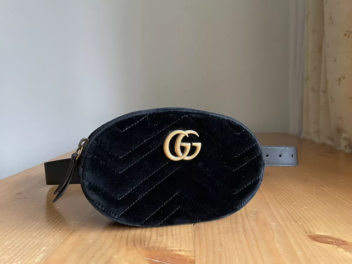 Authentic Gucci GG Marmont Black Velvet Leather Waist Belt Bag 85•34 476434
