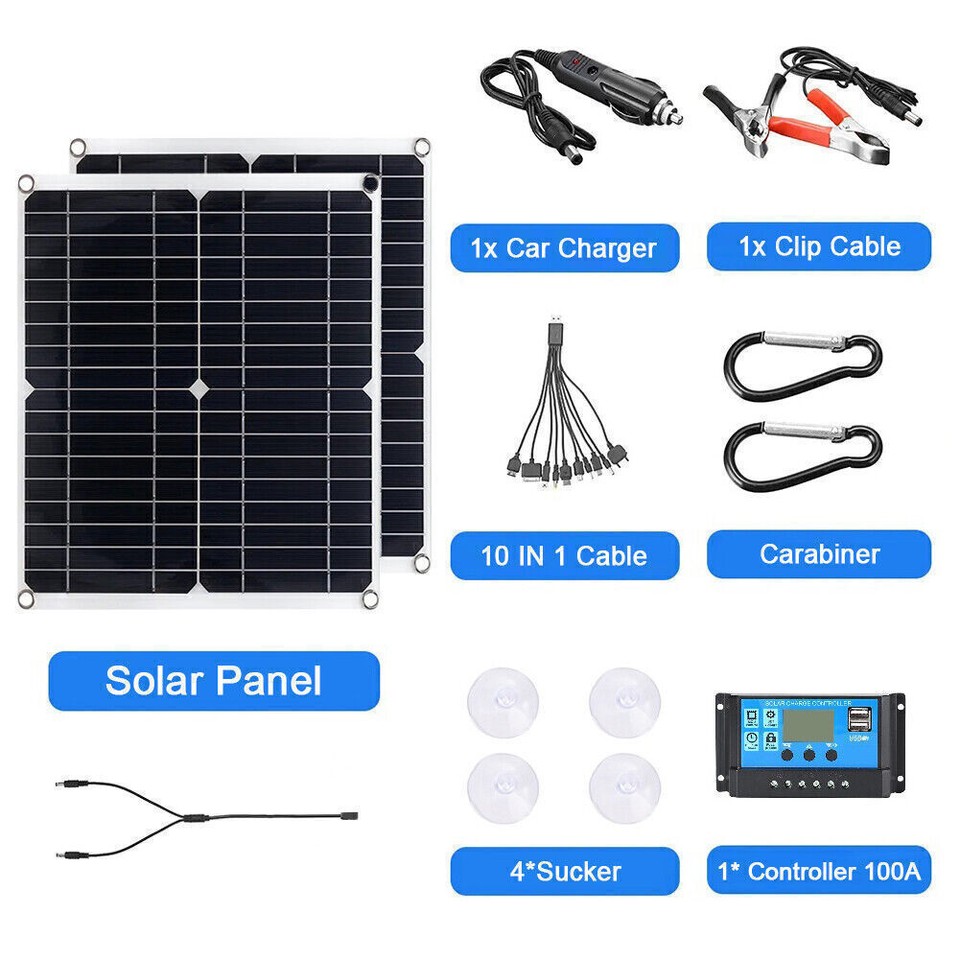 400W 2*Solar Panel 6000W Power Inverter Kit 12V 100A Battery Charger ...