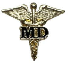 USA Flag "MD" MEDICAL DOCTOR Caduceus Medical Symbol Staff Hat Cap Lapel Pin