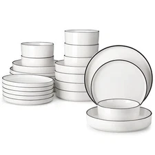MALACASA LEAH 24-Piece Porcelain Dinnerware Set Black Trim Bowls and Plates Set