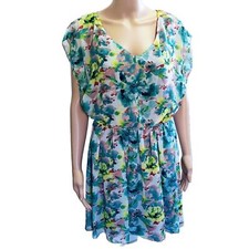 NWT $52 BY & BY FLORAL SHEER TURQUOISE FIT & FLARE POLYESTER LINED DRESS LARGE
