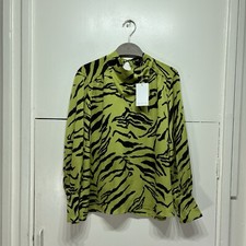 Aligne Ava Blouse Top Neon Green Tiger Print Long Sleeve Lightweight UK 8 EU 36 