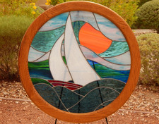 Stained Glass Sailboat Nautical Round Hanging Suncatcher Handmade 23" Lake Heron
