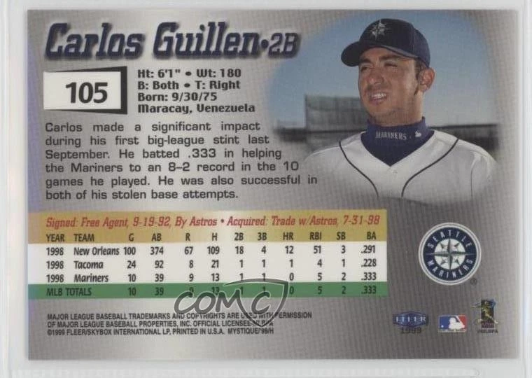 1999 Fleer Mystique Rookie /2999 Carlos Guillen #105 - Image 2 of 2