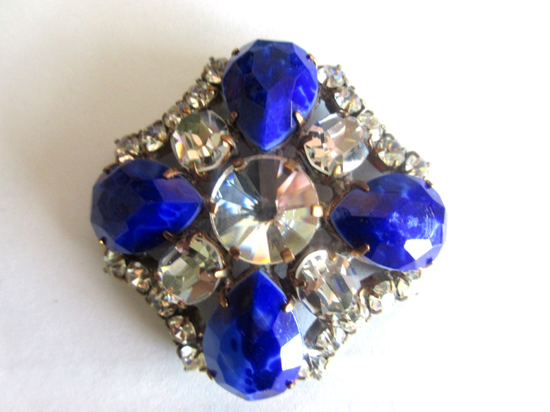 Stunning  XL Czech Vintage Style Glass Rhinestone Button    Blue & Crystal