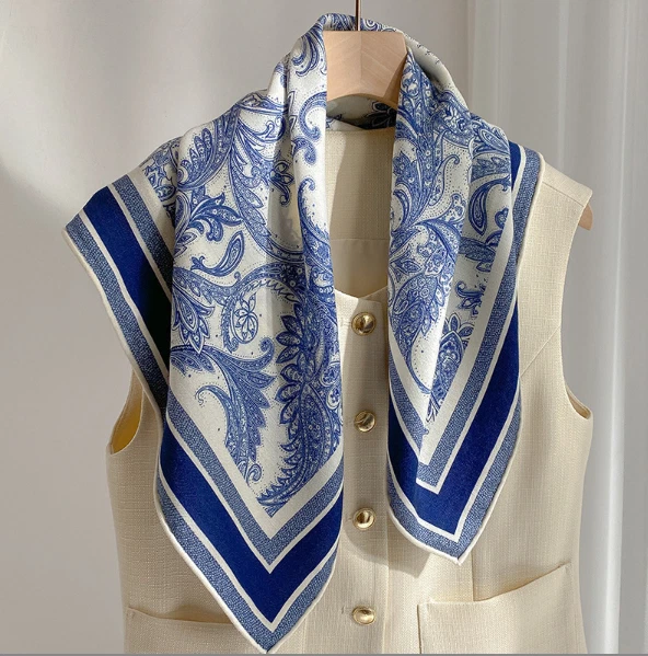 70% Cashmere 30% Silk Bandanna aquatic Print Shawl 26'' Scarf Neckerchief Wrap