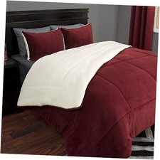 3 Piece Sherpa/Fleece Comforter Set, King, Burgandy