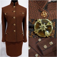 2 PC ST JOHN COLLECTION BROWN/DARKER TONE BROWN KNIT SUIT jacket SZ 4 SKIRT 4