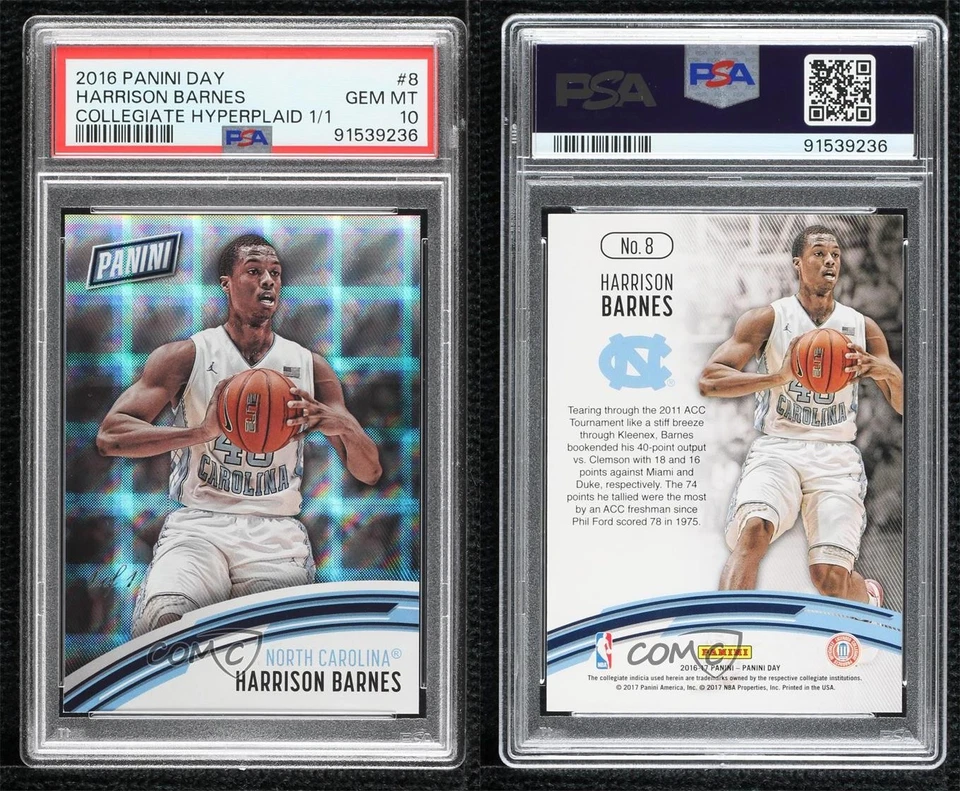 2016 Panini Day Collegiate Hyperplaid 1/1 Harrison Barnes #8 PSA 10 GEM MT 5n1 - Imagem 3 de 3