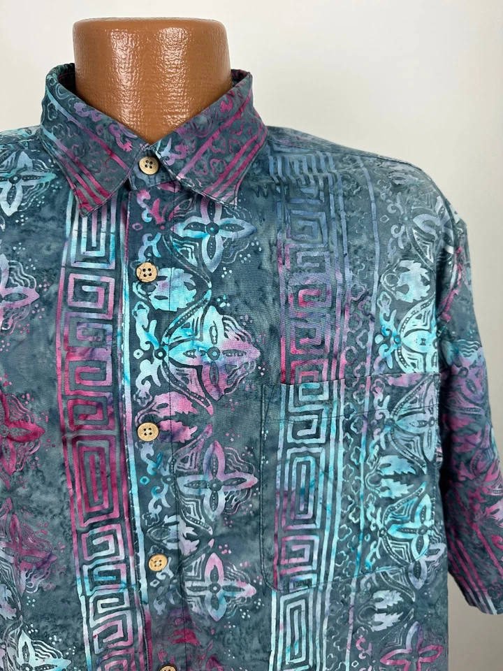 Camisa Island Republic Hombres XL Batik Hawaiana Tribal Geométrica Tie-Dye Verde azulado Algodón Foto 2 de 4