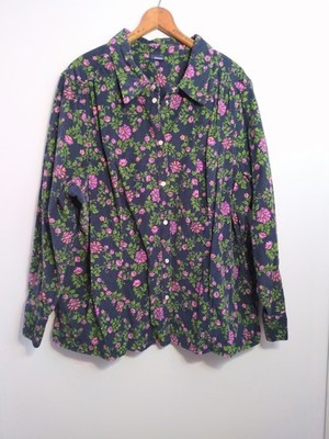 VTG Basic Editions Corduroy Shirt Jacket 2X Pearl Snap Floral Navy Cottagecore