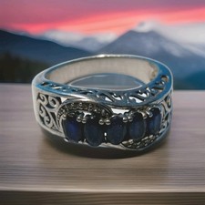 925 Sterling Silver Dark Blue Sapphires Ring - Approx. 5.2 Grams - Size 8.5
