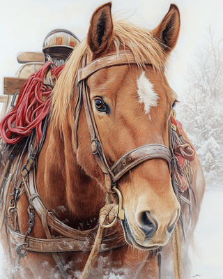 8x10 Draft horse harnessed work horse close-up winter pale - 860743170