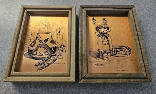 Pair Vtg K. Brueggemann Etched Copper Art Framed Hopi Kachina Zia Pottery MCM