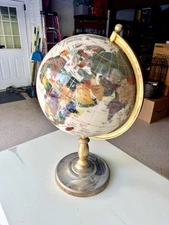 Large Semi-Precious Gemstone Table Top World Globe with Brass Stand
