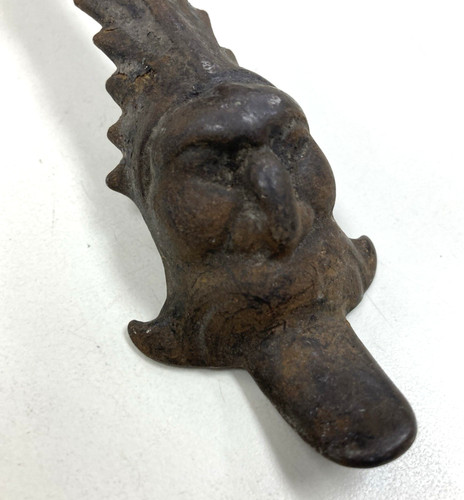 Antique Cast Iron Stove Lid Lifter Figural Man's Face Motif, Coil Spring Handle