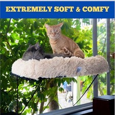 Beige Faux Fur Cat Hammock Window Bed, Sturdy Metal Frame, Free Toy