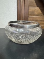 Vintage Cut Crystal Glass Bowl With Silverplate Rim Starburst Diamond Patter