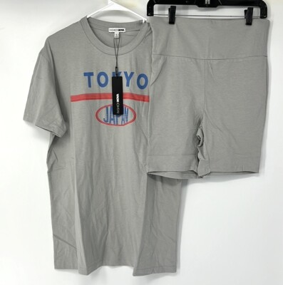 Fashion nova NWT Tokyo biker Two Piece short T shirt set Size large Gray Set