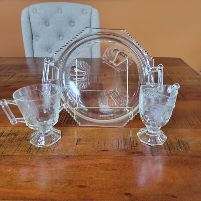 Vintage Jeanette Baltimore Pear Clear Glass Serving Tray, Cream & Open Sugar Set