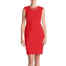 NWT-Calvin Klein ~Size 6~ Chain Neckline Ponte Red Sheath Dress Retail $134