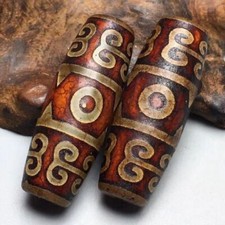 Three Eye Dzi Bead Pendant Dragon Pattern Tibetan Agate Chalcedony Necklace 2pc