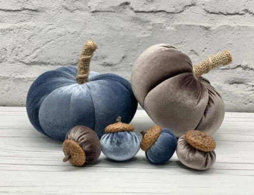 Velvet pumpkins set and velvet acorns Blue gray pumpkin decor - Afbeelding 1 van 12