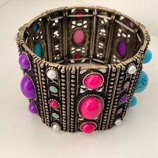 ROBERT ROSE ANTIQUED GOLD- TONE BRACELET STRETCH MULTI- COLORED STONE, unworn