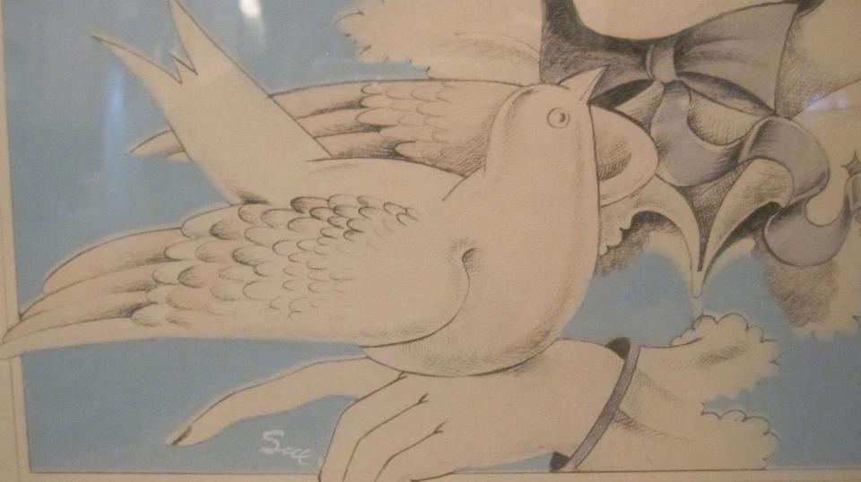 Vintage Original Mujer Pájaro Flor Estilizado Retrato Lápiz Dibujo Pintura Sue Foto 4 de 4