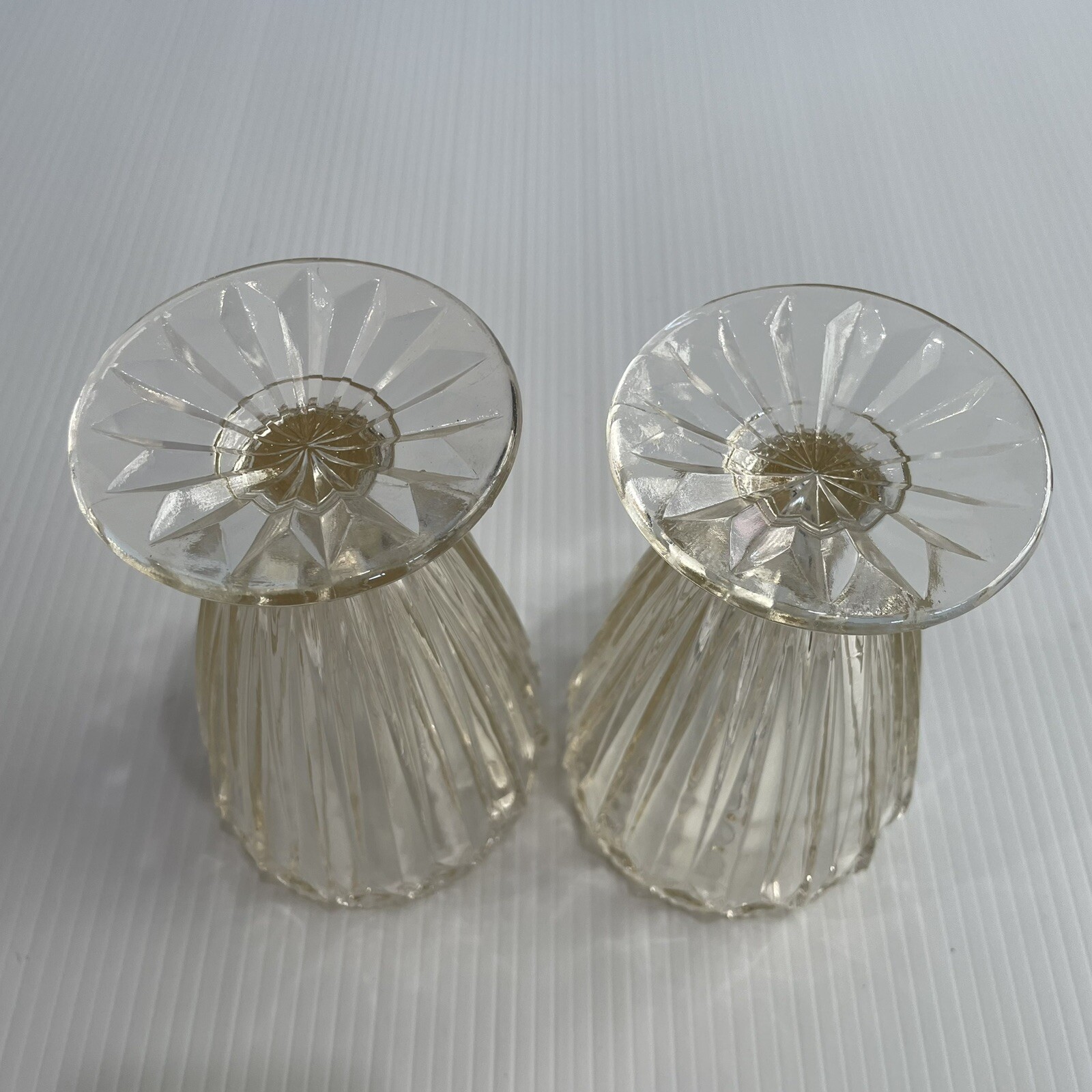 Pair Clear Depression Glass Vases Round Footed 25cm Tall Scalloped Rim