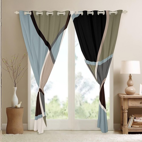Feelyou Retro Stripe Swirl Curtains Blue Grey and Brown Window Curtains Retro... - Bild 4 von 7