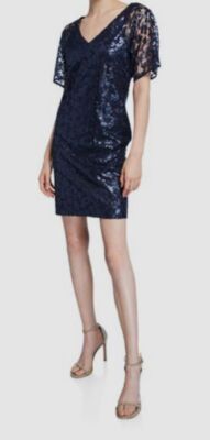 $398 Trina Turk Womens Blue Floral Sequin Embellished Sheath Dress Size 2