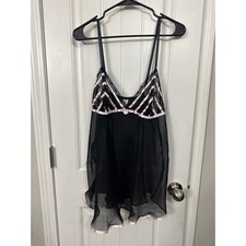 Black Sheer Mesh Babydoll Chemise Pink Satin Trim Lace Bodice Bow Detail Medium