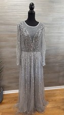 Silver Long Mesh Gown V-Neck Long Sleeve Sequin Beaded Solid Women's Dress