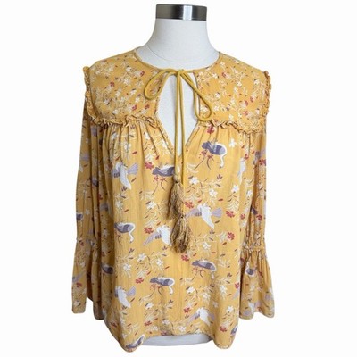 byTiMo Scandinavian Mustard Floral Peasant Top Cottagecore Boho Small 