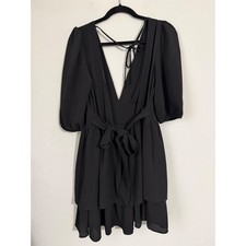 ASOS DESIGN Black V Neck Puff Sleeve Tie Waist Tiered Dress US 6