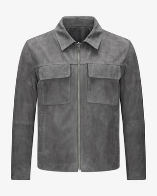 Gray Spread Collar Racer Moto Biker Suede Leather Jacket For Men