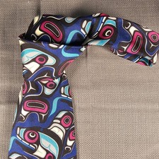 Boxelder Company Don Yeomans Haida Killerwhale Tribal Art Silk Tie Blue Pink