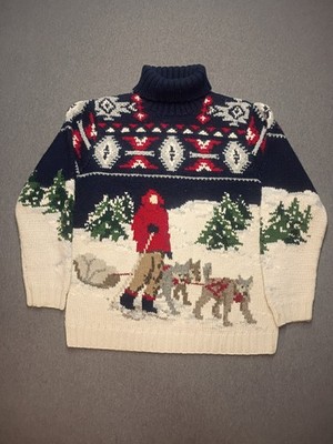 Vtg Ralph Lauren Exclusive Hand Knit Ski Sled Husky Dogs 100% Wool SWEATER~M