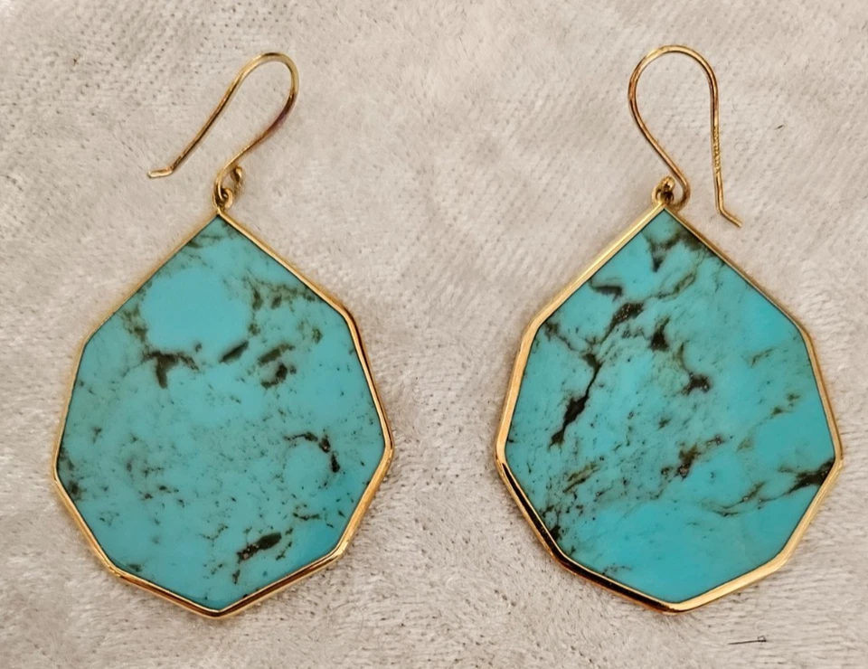 Pendientes colgantes llamativos de 2" de diseño Ippolita de oro amarillo de 18 quilates con rebanada turquesa Foto 2 de 4