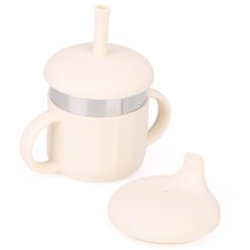 Baby Sippy Cup Silicone Stainless Steel Training Straw Lid 7.4 Oz Beige