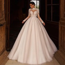 Elegant V-Neck Women Wedding Dresses Lace Long Sleeves Tulle A-Line Bridal Gowns