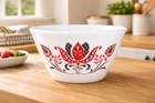VTG Fire King Fleurette Mixing Bowl Milk Glass Red Black 7in USA