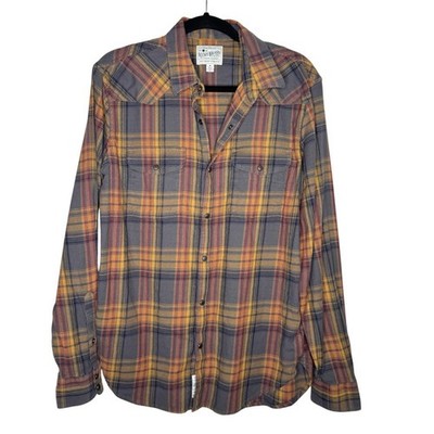 Lucky Brand M Saturday Stretch yellow blue plaid snap button collar shirt mens