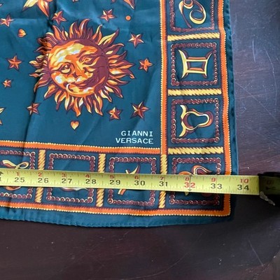 Gianni Versace Vintage Silk Scarf Celestial Zodiac Sun Moon Teal