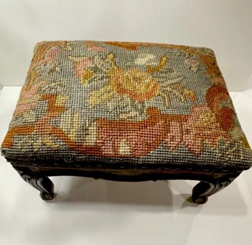Pristine Handmade Warm Tones Floral NEEDLEPOINT FOOTSTOOL w/Carved Wood Base - Picture 18 of 21