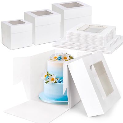 15 PCS White Tall Cake Boxes with Window 3 Sizes 12x12x12 10x10x10 8x8x8 Inch...